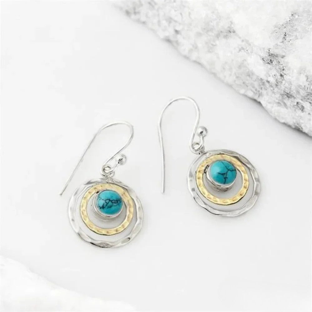 Boho Saturn Oorbellen met turquoise Steen in Zilver & Goud