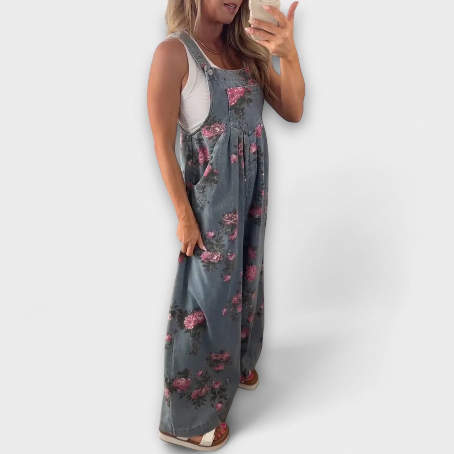 Bethany - Bloemenpatroon Wijde Denim Dungaree